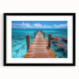 Colorful abstract art print of Cancun scenery in vibrant hues on a large framed canvas, ideal for living room decor.