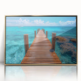 Framed acrylic print of Cancun scenery in mid-century modernist style, featuring soft pastel colors.