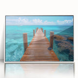 Art deco poster of Cancun scenery in muted blue and white tones, acrylic print framed, ideal for modern nursery art.