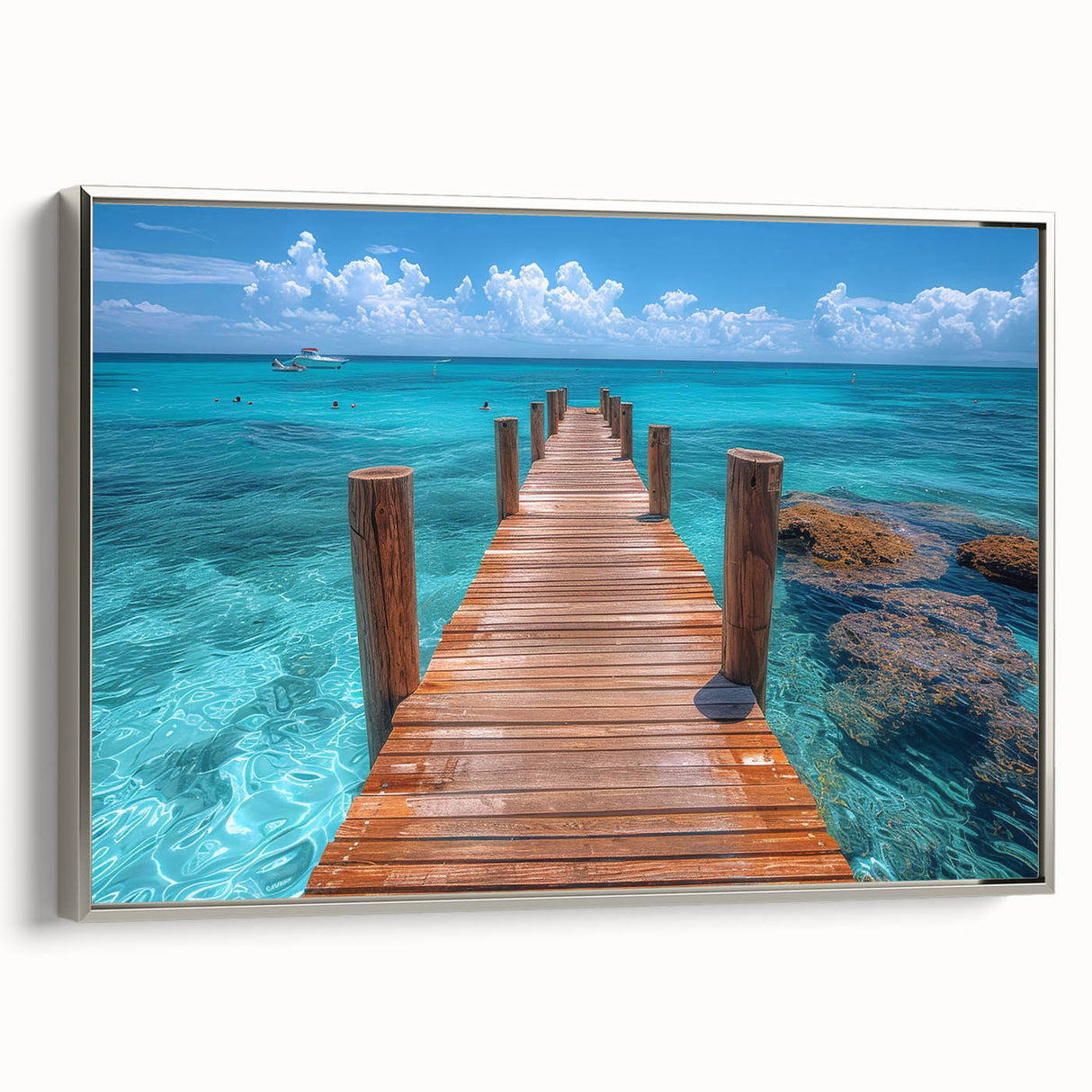 Landscape art painting of Cancun scenery on framed canvas, featuring colorful art with black and silver elements.