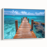 Vintage poster art of Cancun scenery on framed canvas, featuring vibrant colors on a black background.