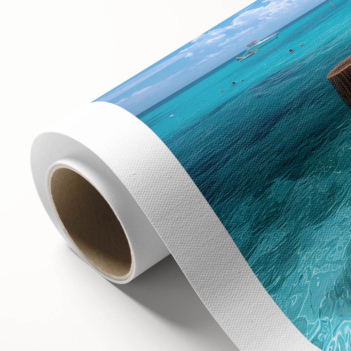 Art Deco style poster of Cancun scenery on rolled canvas, featuring pastel shades, ideal for nursery wall art or dining room.