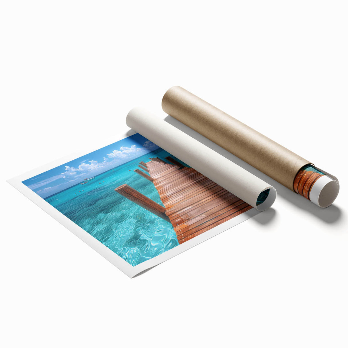 Extra large rolled canvas print featuring a serene Cancun beach scene with vivid blue and turquoise tones.