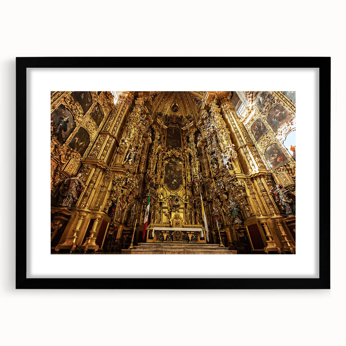 Abstract art print of Mexico City in vibrant colors on a black framed canvas, ideal for living room decor.