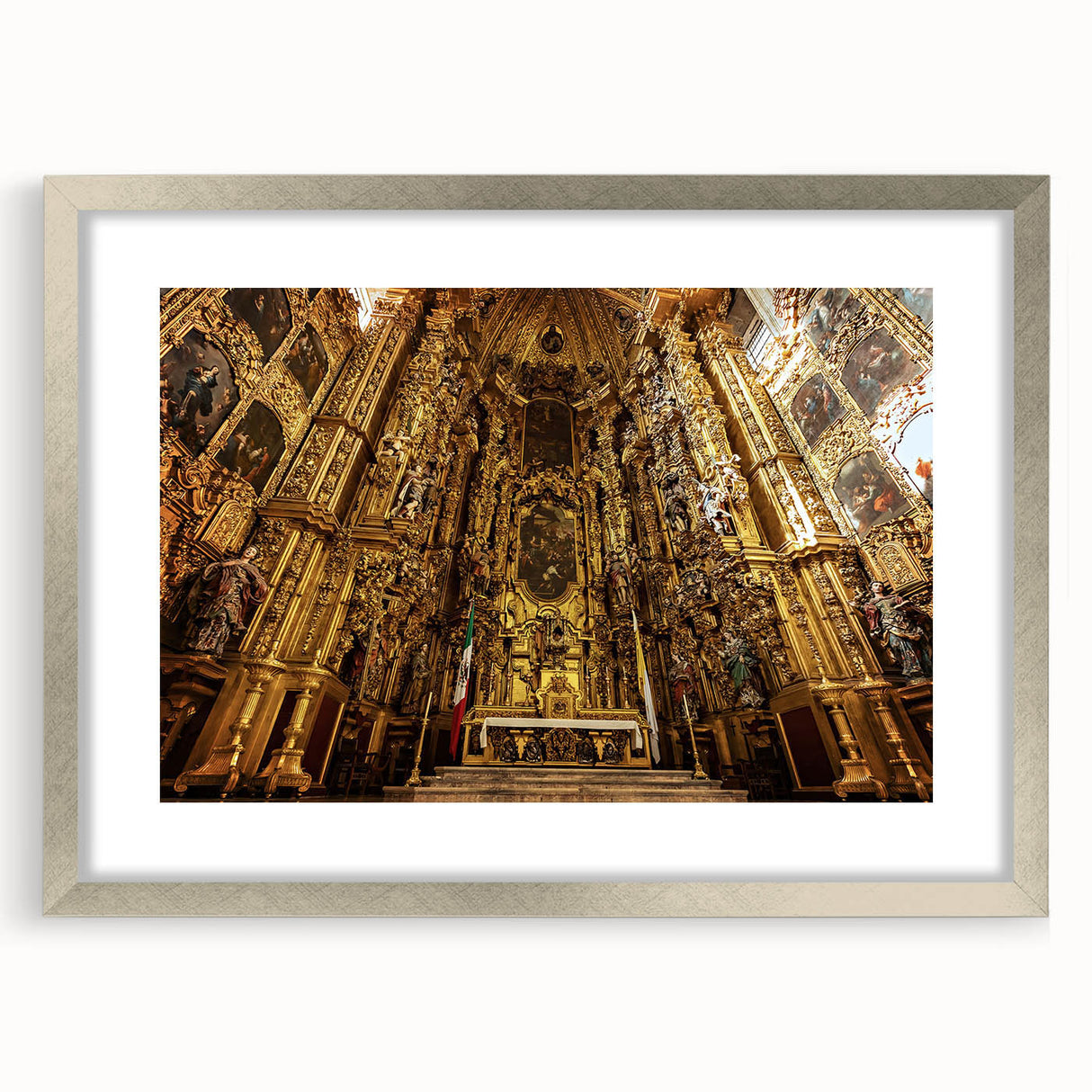 Textured abstract art print of Mexico City in a silver frame, featuring a blend of vibrant colors, ideal for bedroom art.