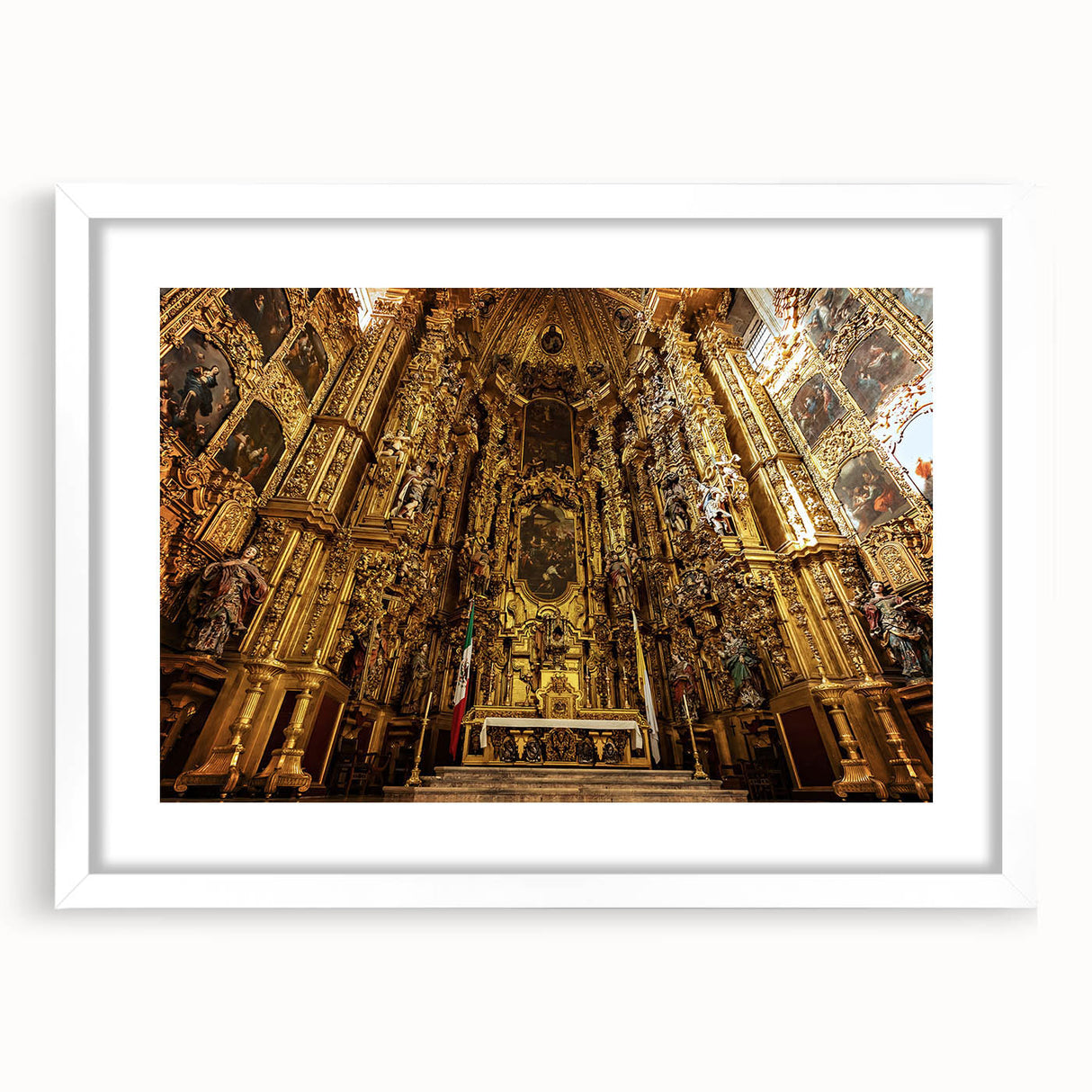 Abstract art print of Mexico City in muted gray and blue tones on a framed white mat, ideal for dining room decor.