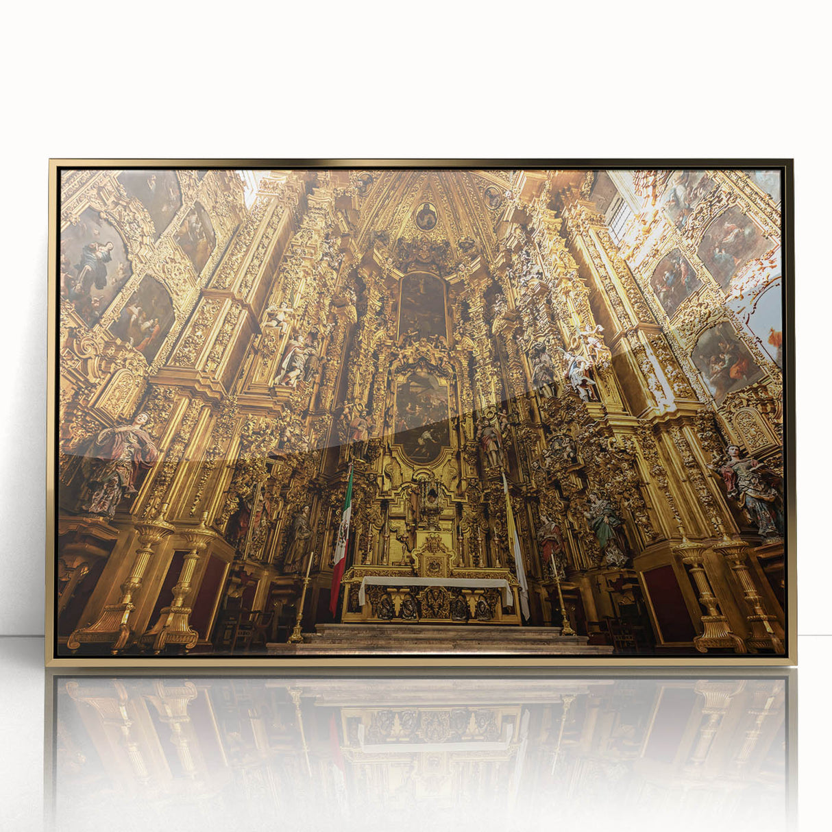Large art print of Mexico City scenery in mid-century modernist style with gold frame, ideal for modern art wall decor.