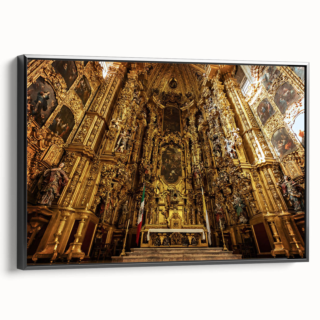 Black and white wall art featuring a vintage poster art style landscape of Mexico City on framed canvas.