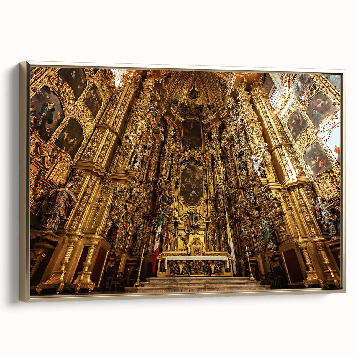 Framed canvas depicting a vintage-style landscape of Mexico City in gold and black tones, ideal for bedroom wall decor.