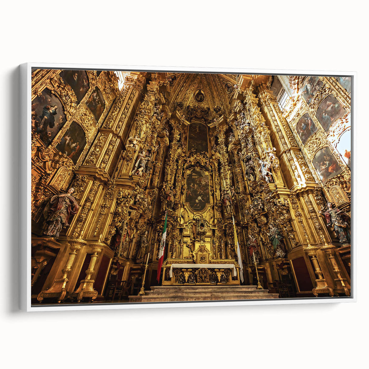 Framed canvas of vintage poster art depicting Mexico City in vibrant colors, ideal for living room decor.