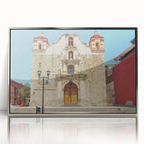 Mid-century modernist art of Oaxaca, Mexico scenery in silver-framed acrylic, featuring earthy tones.