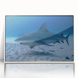 Framed acrylic print of a serene Quintana Roo landscape in muted blues and greens, ideal for modern art wall decor.
