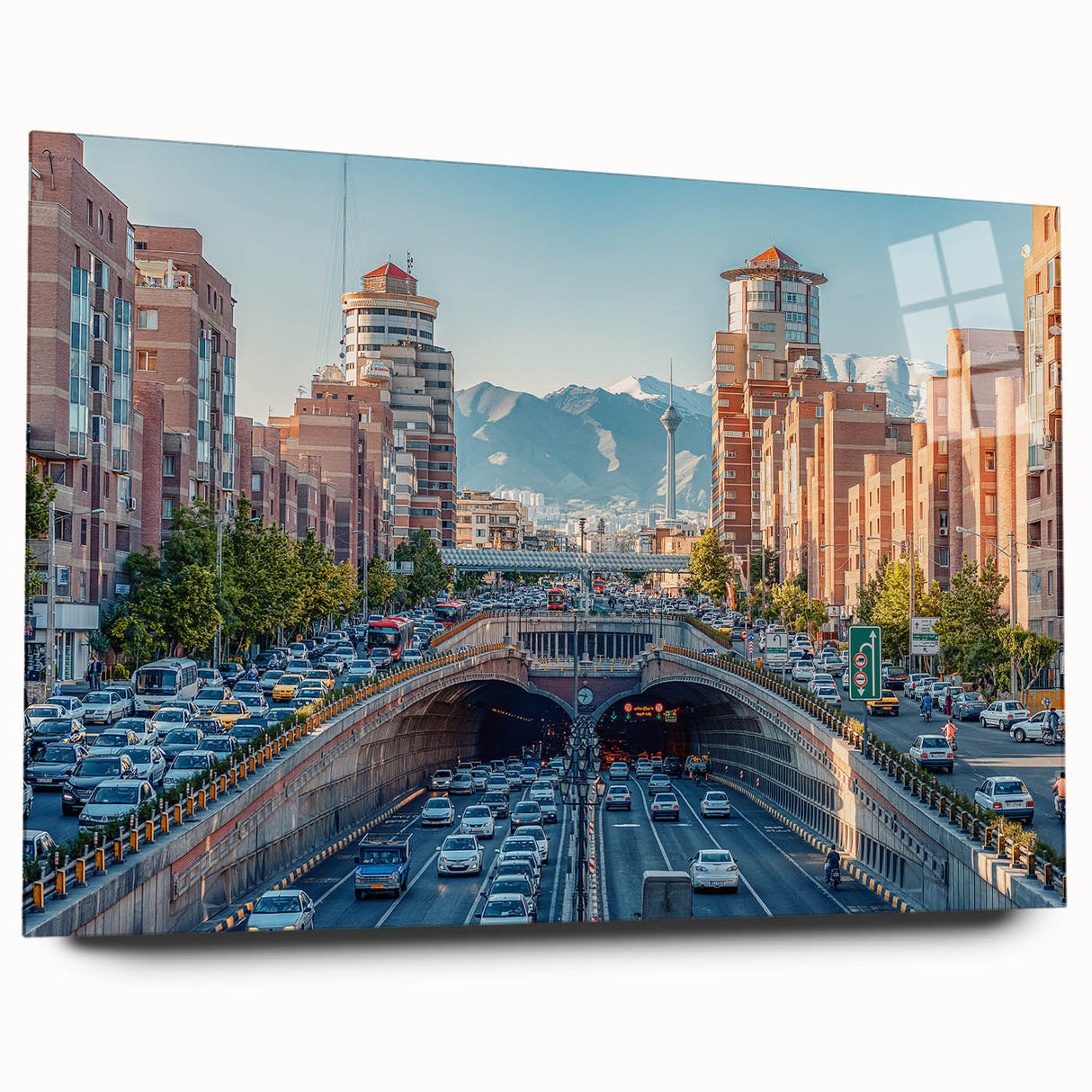 Large abstract wall art of a Middle Eastern landscape in muted earth tones on acrylic glass.