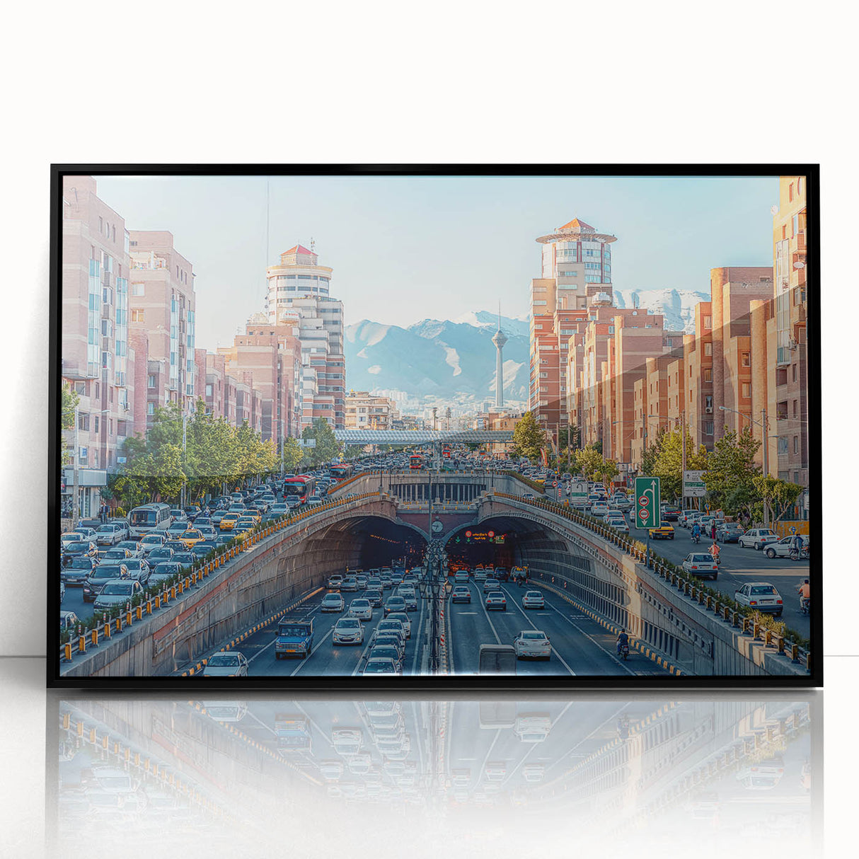 Large abstract wall art of a Middle Eastern scenery, in muted earth tones on a framed acrylic.