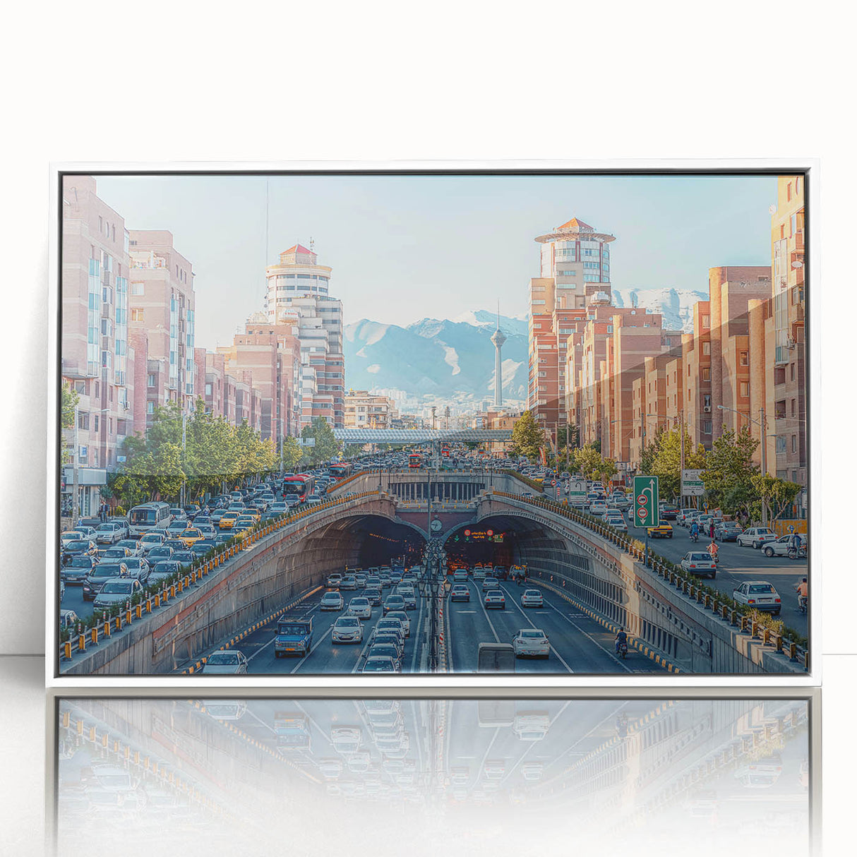 Art deco poster featuring a scenic view of Middle-East Iran in muted earth tones on framed acrylic.