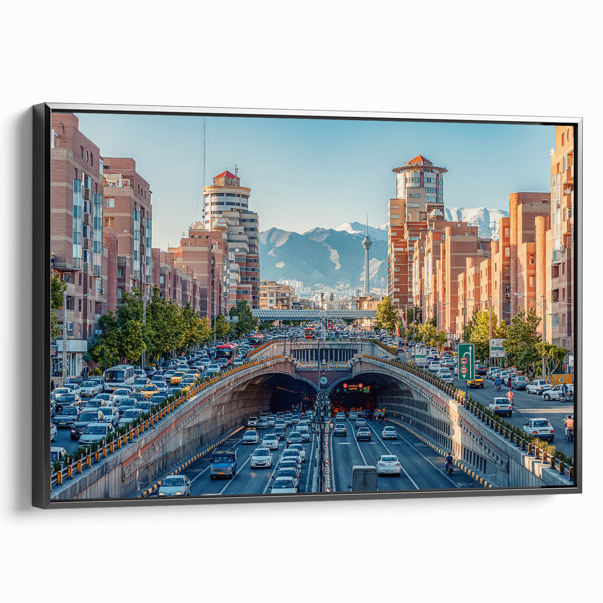 Black and white framed canvas of a vintage Iranian landscape, ideal for bedroom wall art.