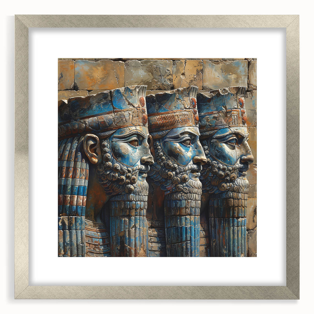 Textured abstract art print depicting an abstract Middle Eastern scenery in earthy tones, framed with a silver mat.