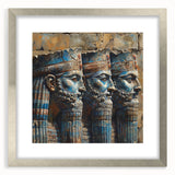 Textured abstract art print depicting an abstract Middle Eastern scenery in earthy tones, framed with a silver mat.