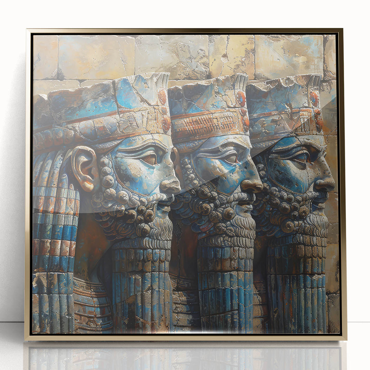 Large art print of a Middle Eastern scenery on framed acrylic, in gold tones, ideal for modern art wall decor.