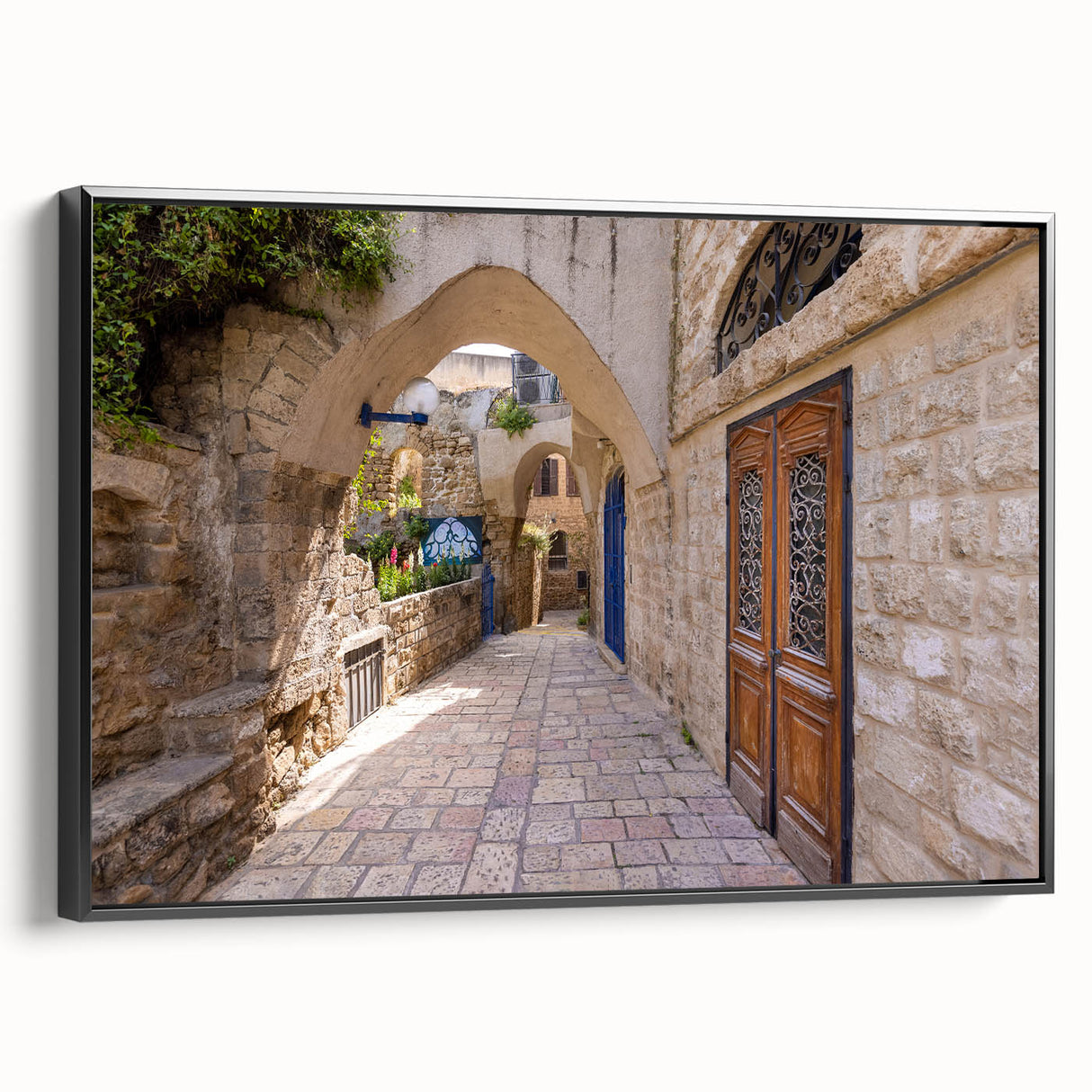 Black and white framed canvas featuring a vintage-style Jerusalem landscape, ideal for bedroom wall decor.