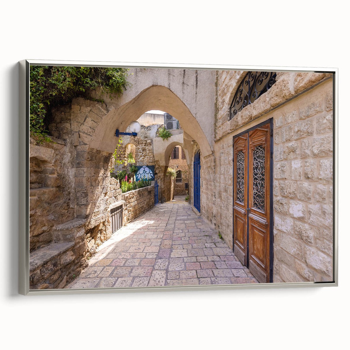 Framed canvas landscape art paintings depicting Jerusalem, with muted earth tones and black borders.