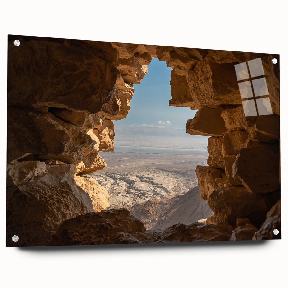 Acrylic print of a Middle Eastern landscape in muted earth tones, ideal for bedroom or dining room decor.
