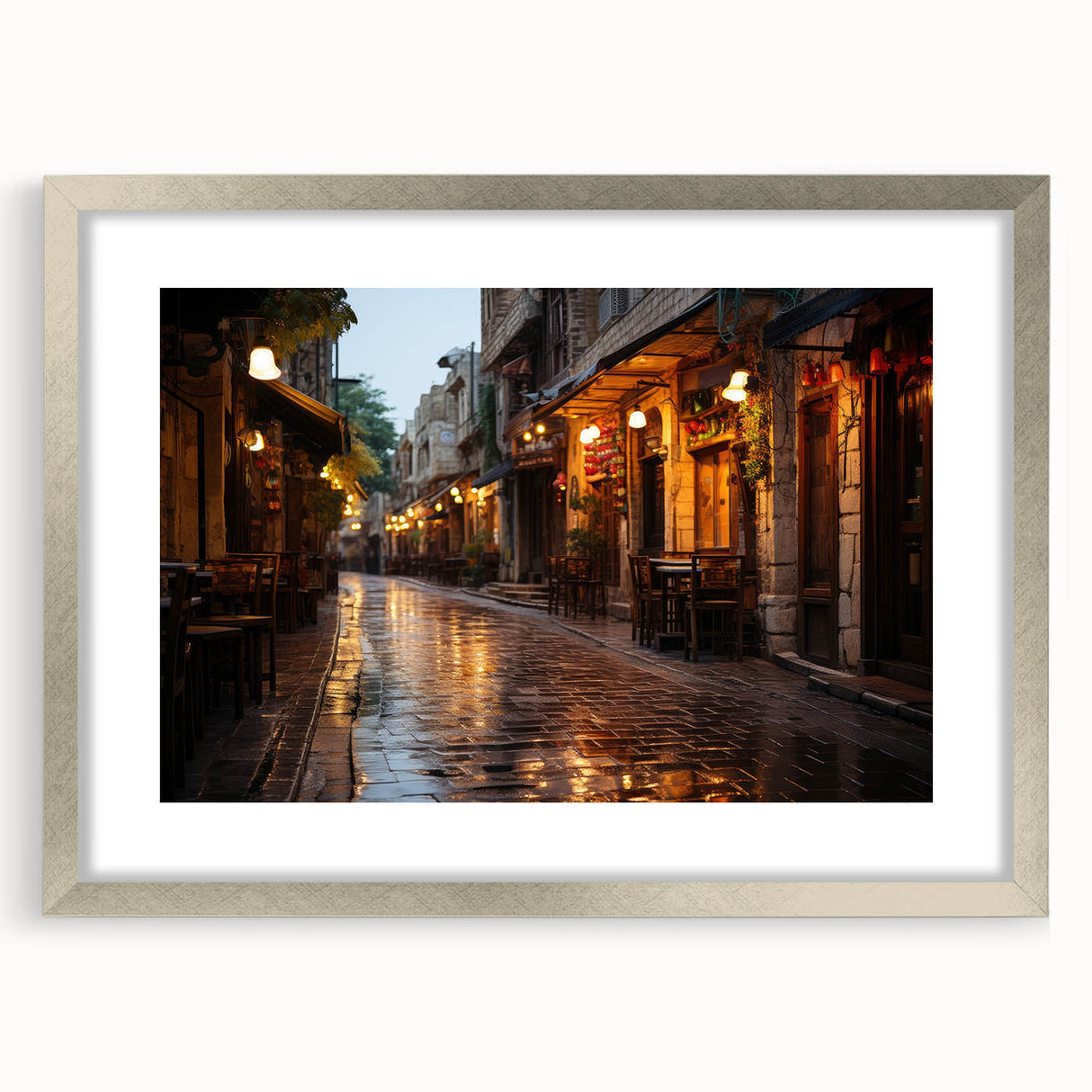 Textured abstract art print depicting a Middle Eastern Jordanian scenery in muted earth tones, framed with a silver mat.