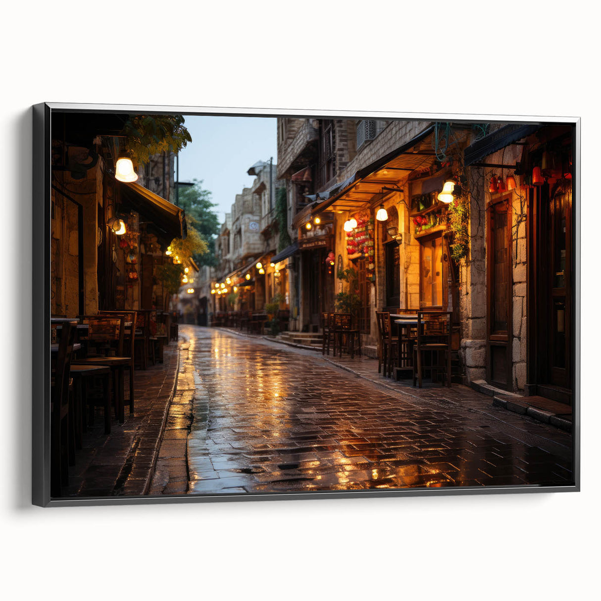 Black and white landscape art painting of a Middle Eastern scene on framed canvas, suitable for bedroom wall decor.