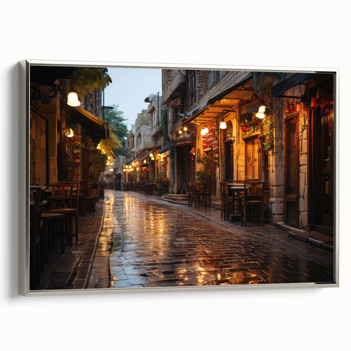 Landscape art painting of Jordan scenery on a framed canvas, featuring muted earth tones and vintage poster style.
