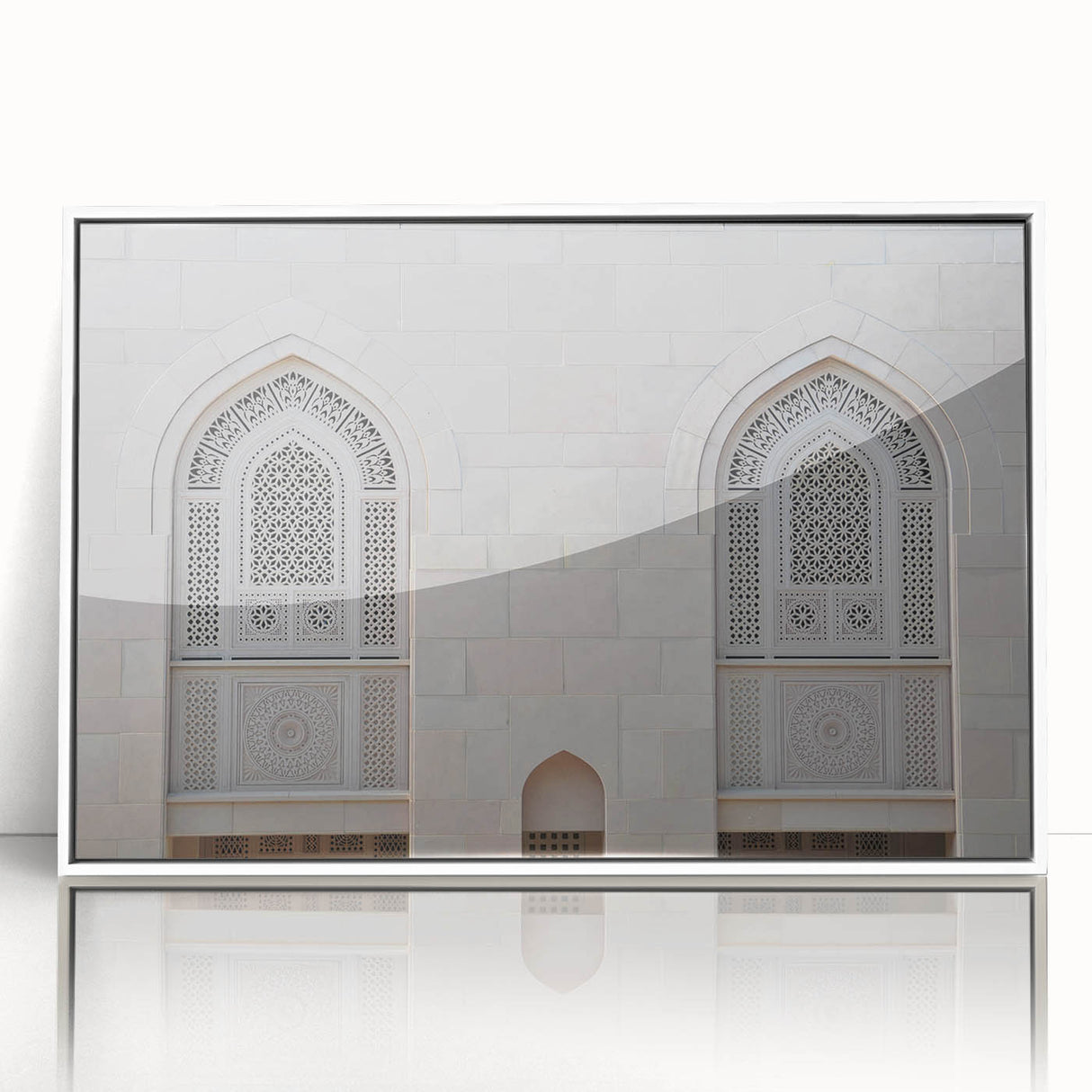 Acrylic print of an Omani landscape with soft earth tones and white frame, suitable for modern art wall decor or a nursery.