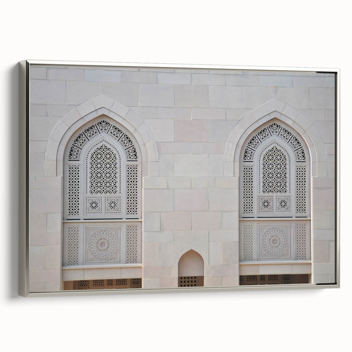 Framed canvas landscape art painting depicting a scenic view of Oman, with earthy tones and vintage poster style.