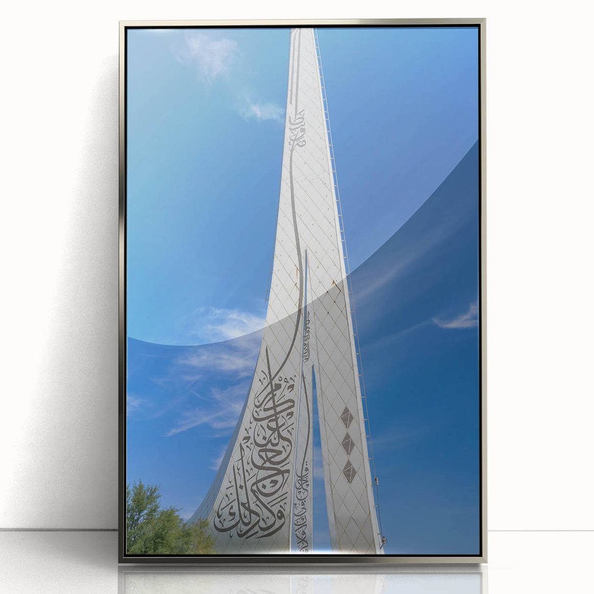 Mid-century modernist art depicting the Qatar skyline in silver acrylic, ideal for modern art wall decor.