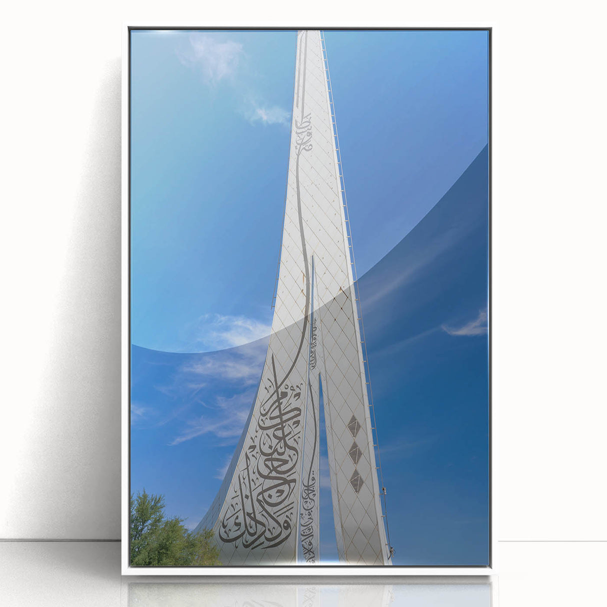 Acrylic print of a Middle Eastern Qatar scenery in art deco style, framed in white, suitable for modern nursery decor.