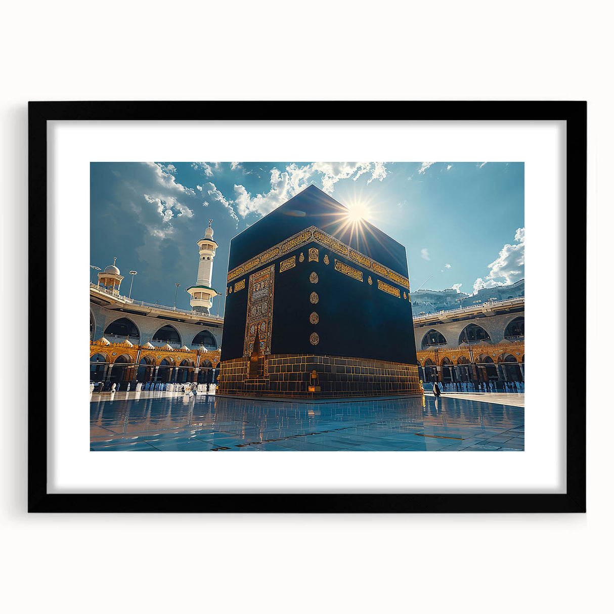 Extra large abstract art print depicting a colorful, textured Middle Eastern scenery, framed in black.