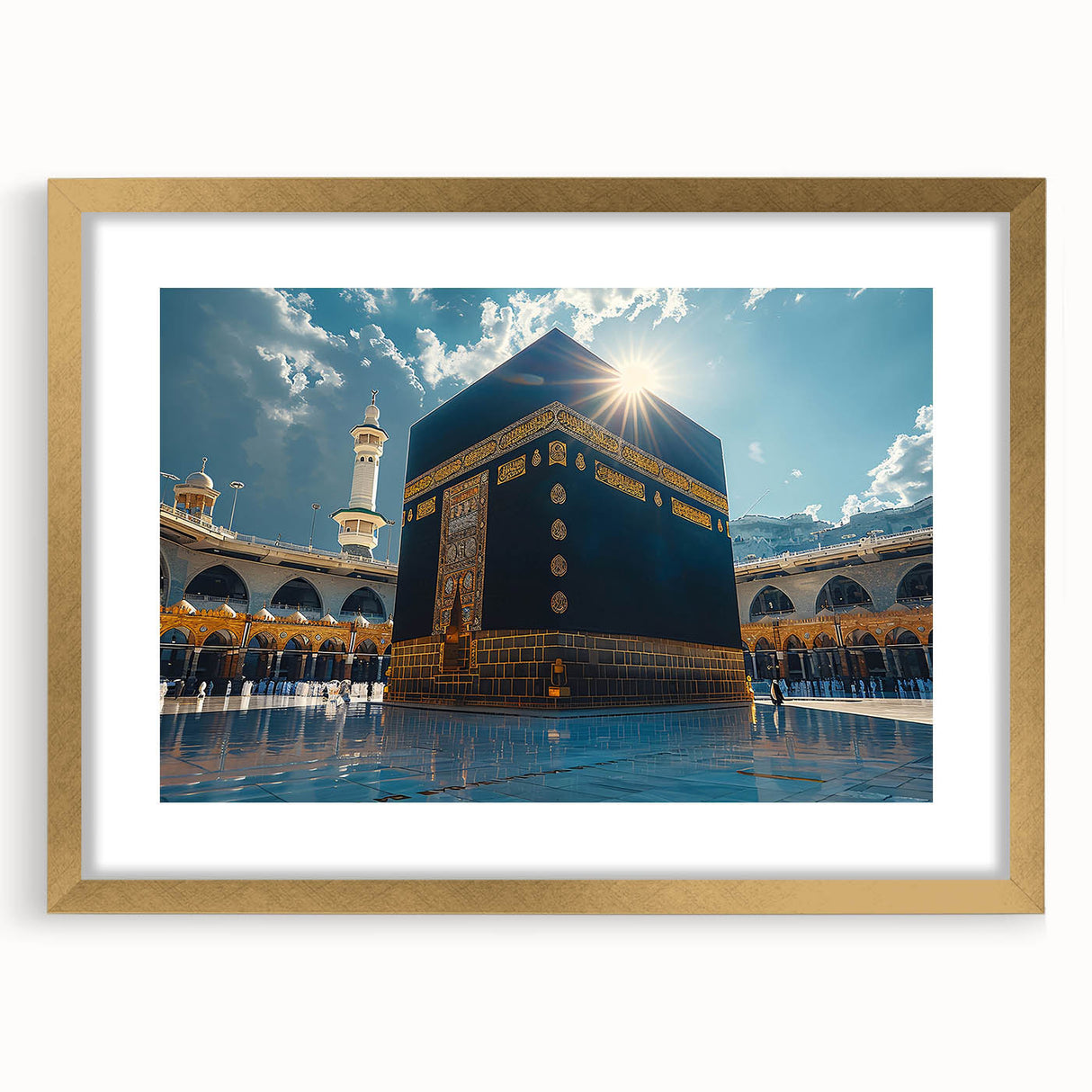 Extra large abstract art print of a textured Middle Eastern scenery in muted gold tones, framed with mat.