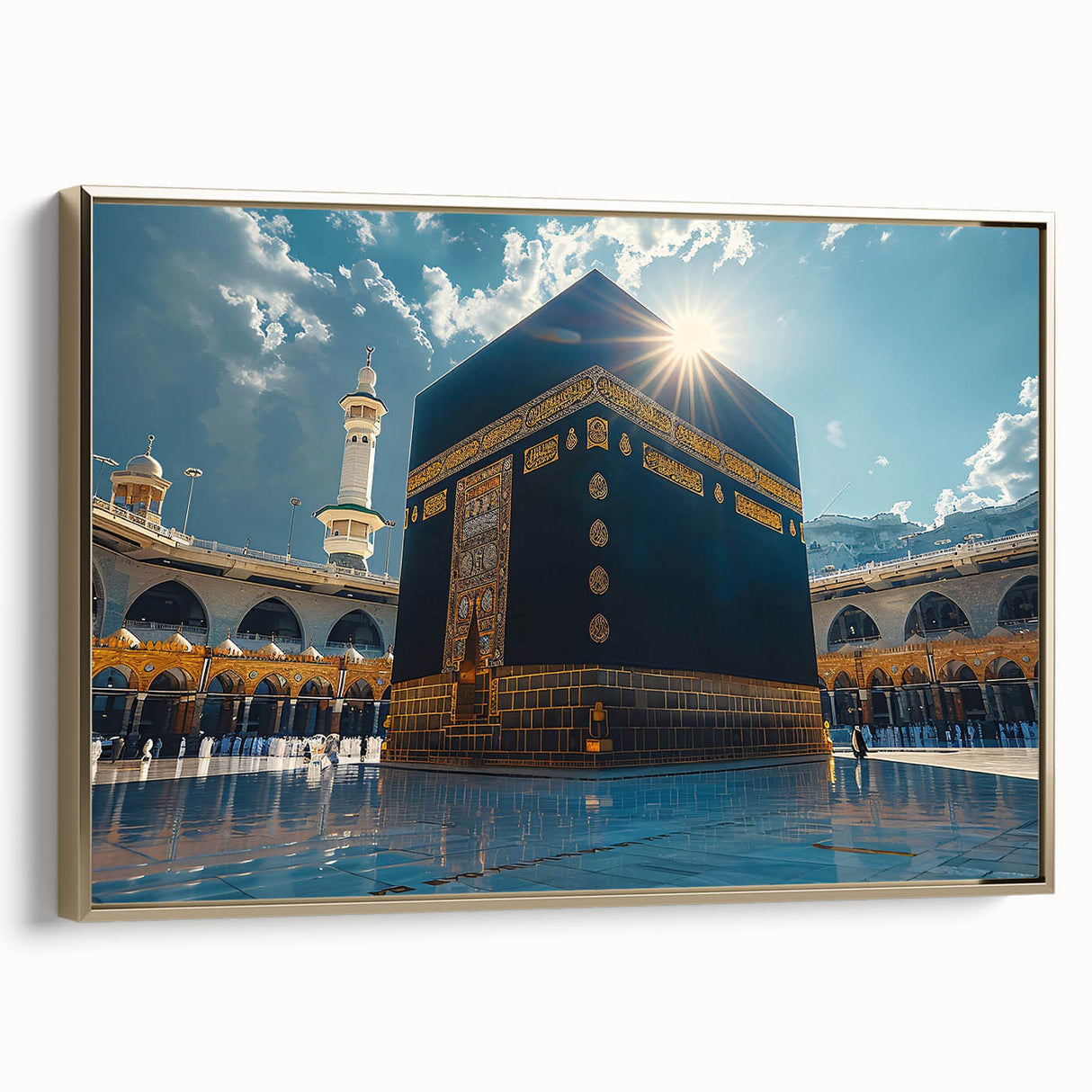 Framed canvas wall art featuring a vintage-style landscape of Saudi Arabia in gold and black tones, ideal for bedroom decor.