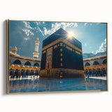 Framed canvas wall art featuring a vintage-style landscape of Saudi Arabia in gold and black tones, ideal for bedroom decor.