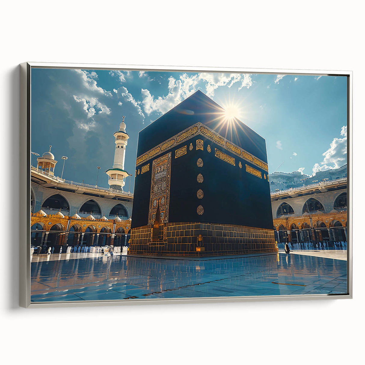 Framed canvas landscape art painting depicting a vintage Saudi Arabia scene in colorful and black tones.