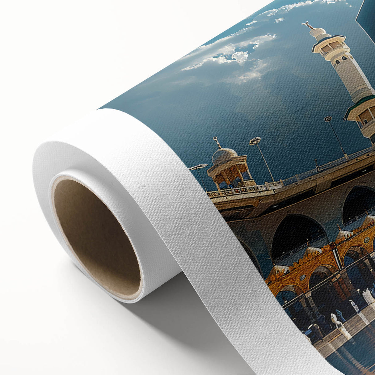 Art deco poster of a Saudi Arabian scenery in muted earth tones on rolled canvas, ideal for nursery wall art.