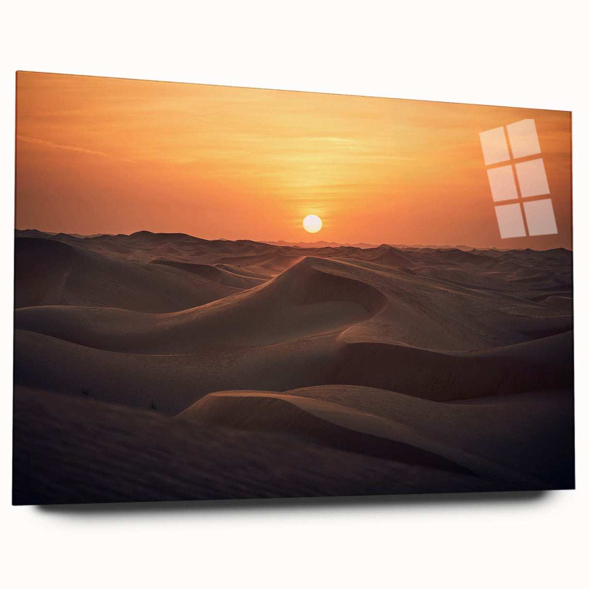 Large abstract wall art of Abu Dhabi skyline in muted blue and gray tones on acrylic glass.