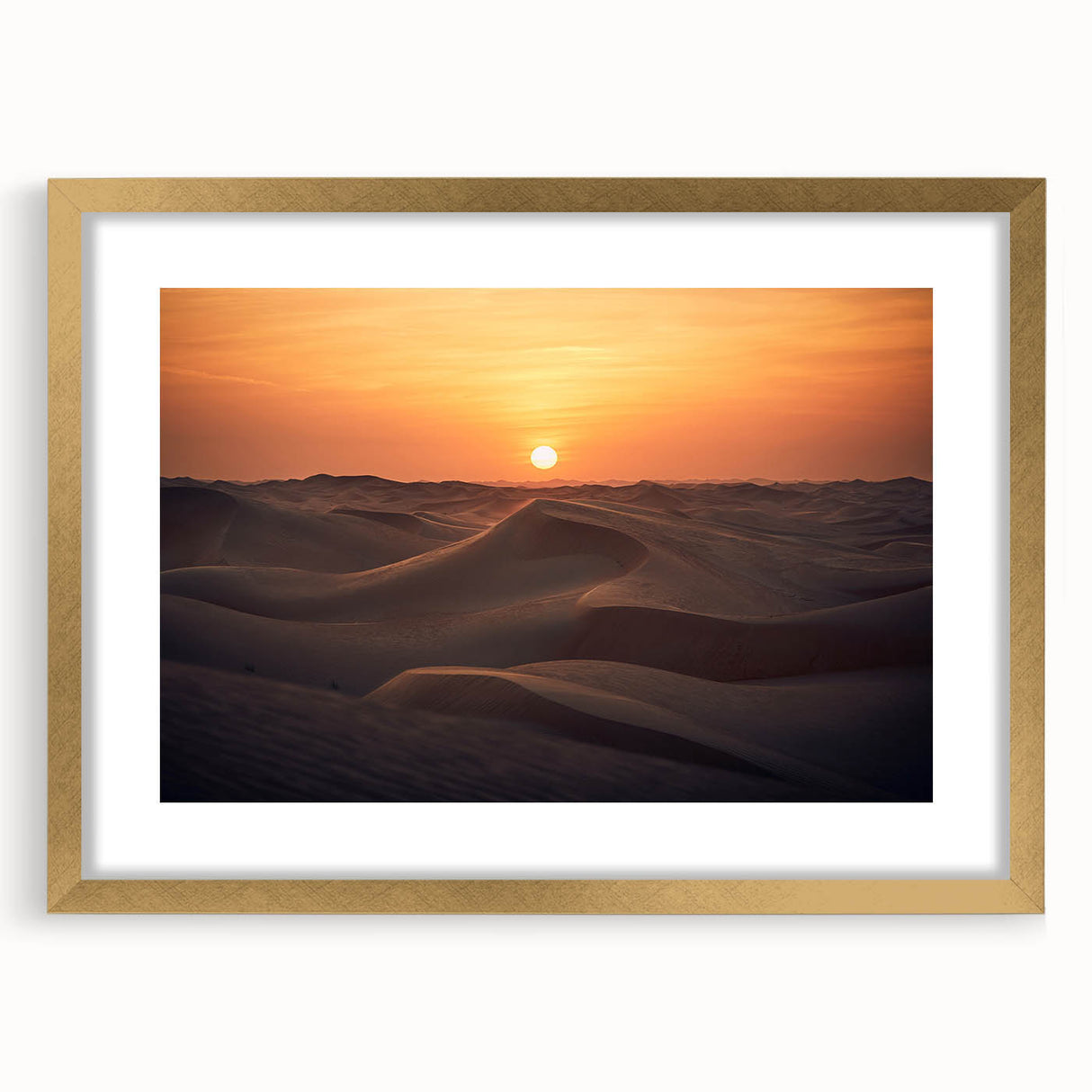 Extra large abstract art print of Abu Dhabi scenery in gold frame, featuring textured design and neutral tones.