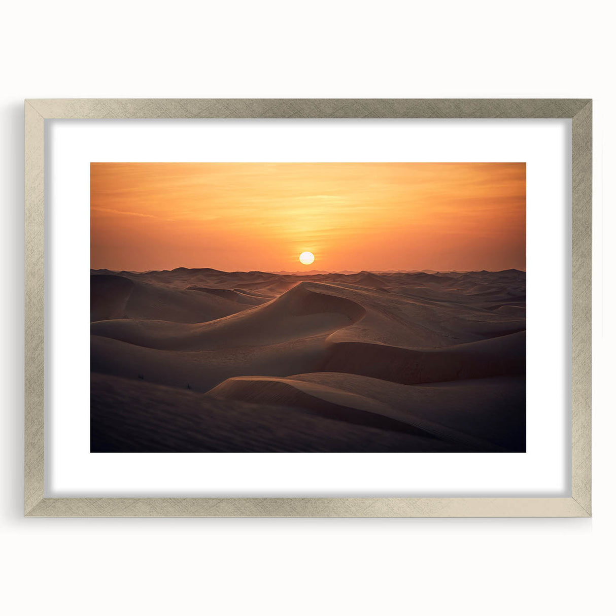 Textured abstract art print depicting the Abu Dhabi skyline in muted gray tones on a framed silver mat.