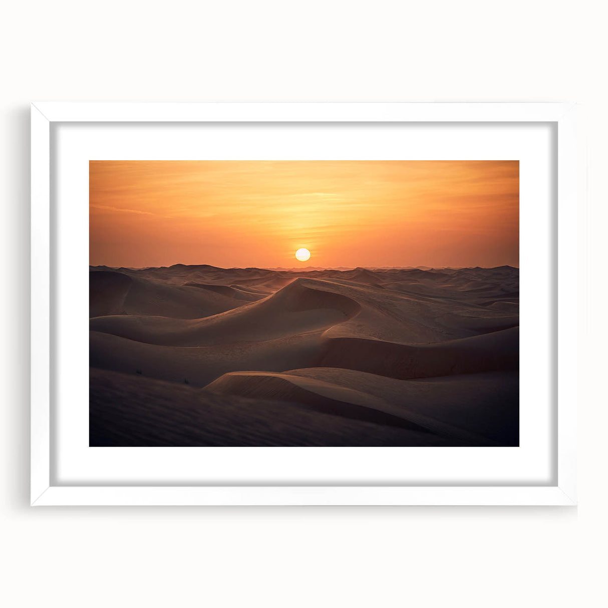Abstract art print of Abu Dhabi skyline in muted gray and blue tones on a framed white mat, ideal for dining room decor.