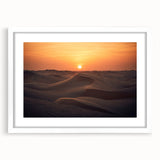 Abstract art print of Abu Dhabi skyline in muted gray and blue tones on a framed white mat, ideal for dining room decor.