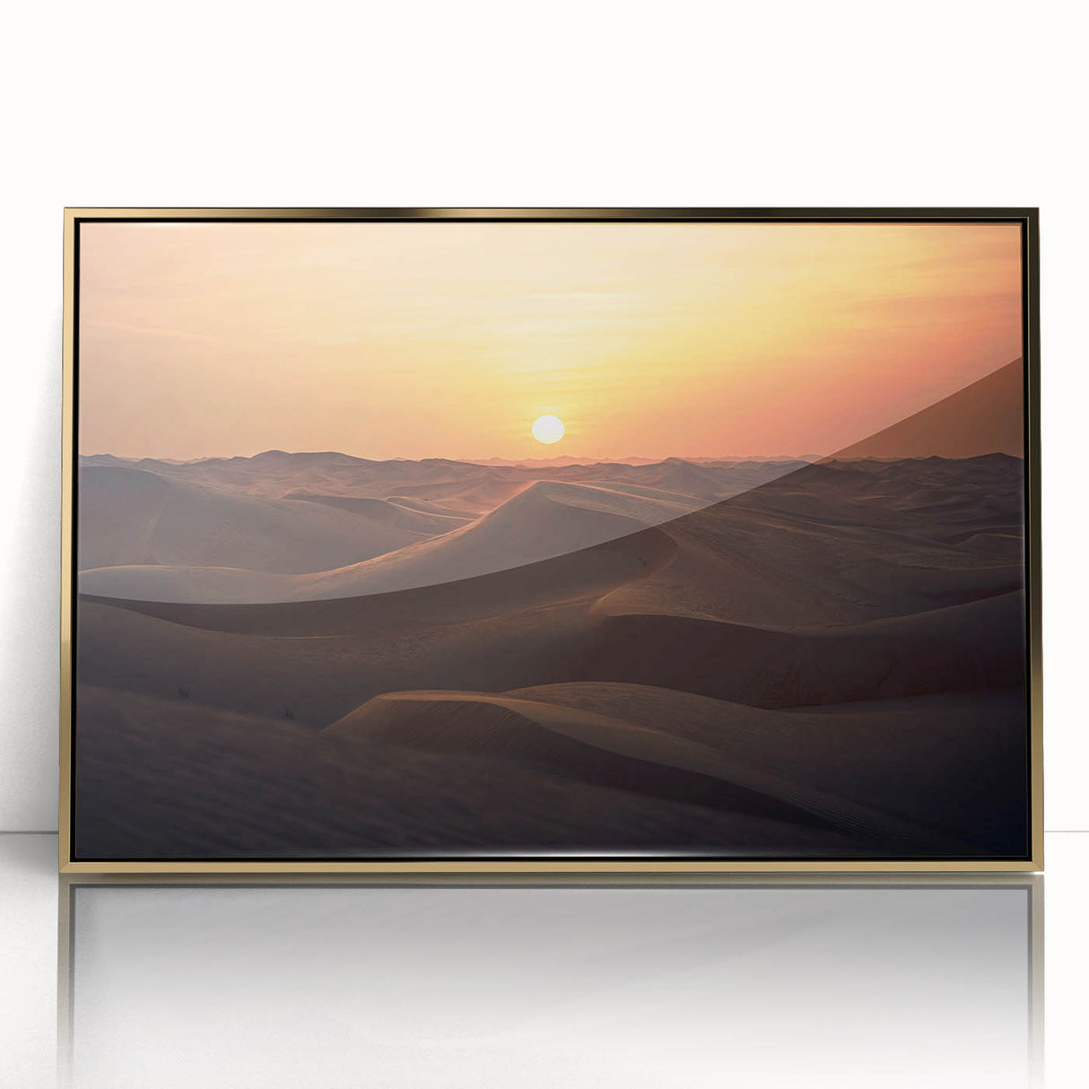 Large acrylic print of Abu Dhabi skyline in gold tones, framed, ideal for modern art wall decor.