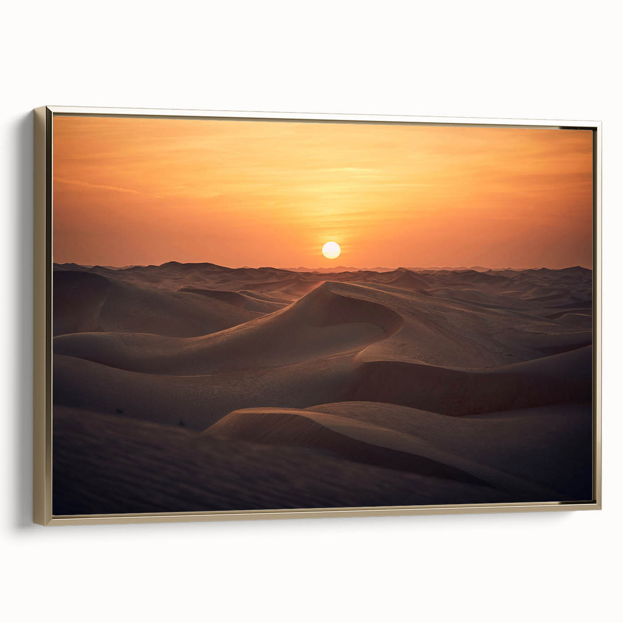 Framed canvas wall art depicting the Abu Dhabi skyline in black and gold tones, ideal for bedroom decor.