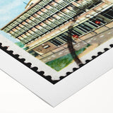 Art deco poster of a serene Fiji landscape in soft blue and green hues, printed on rolled canvas.