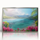 Mid-century modernist art of Bora Bora's coastline in muted blues and greens on a silver-framed acrylic.