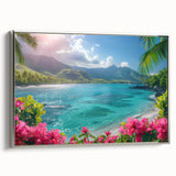 Framed canvas of a serene Bora Bora landscape in muted blues and greens, ideal for bedroom wall art.