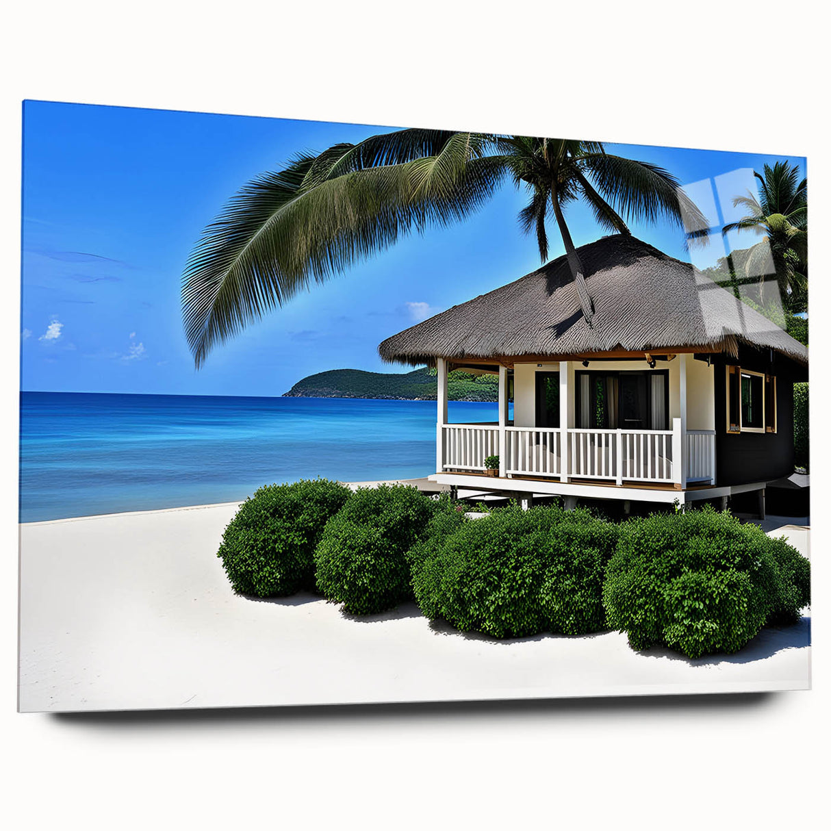 Large abstract wall art of Tahiti's coastline on acrylic glass, featuring vivid blue and green hues.